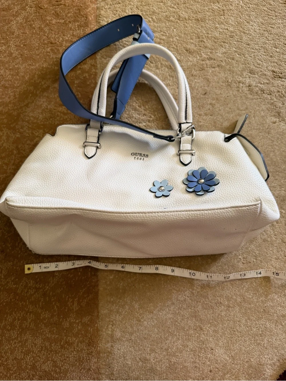 GUESS White Satchel with Blue Floral Accents and Navy Strap